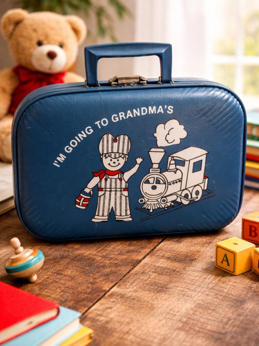 Vintage Small Blue Kids (Boy Train) "I'm Going to Grandma's" Hard Sided Suitcase